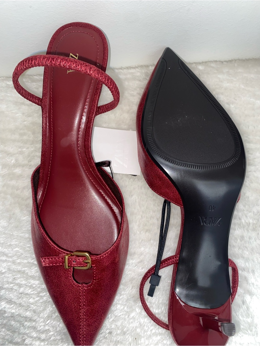 ZARA Slingback Wine Red Pointed Heels with Gold Buckle - Size 9 - NEW - Picture 4 of 7